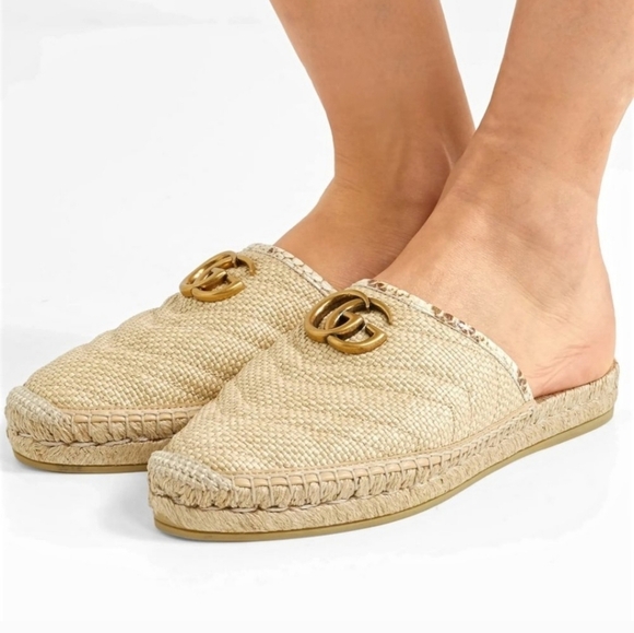 Gucci Straw Elaphe Matelasse GG marmont espadrille slides mules - Picture 10 of 10